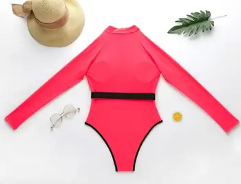 2020 Naujas Neon sporto vientisi maudymosi kostiumėlį seksualių moterų maudymosi kostiumėliai ilgomis rankovėmis, su užtrauktuku priekyje, maudymosi kostiumėliai, maudymosi kostiumą paplūdimio