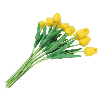 20 Vnt Latekso Real-Touch-Tulpių Žiedų su Lapais, Vestuvių Puokštė Gėlių Dekoras - 10 Vnt. Geltonos spalvos Ir 10 Vnt. Rožinis