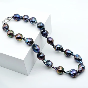 AAAA gėlo vandens baroko perlas karoliai, skersmuo 14-15mm, tamsiai mėlyna/žalia malachito (juodi, trumpi karoliai, ponios perlų vėrinį