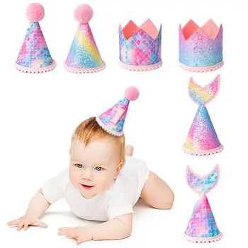Cute Baby Shower Undinė Karūna Skrybėlę Skaičius 1/2/3 Metų Vaikams Slidinėti Kepurės su Virve 1-ojo Gimtadienio Dekoracijas Prekes