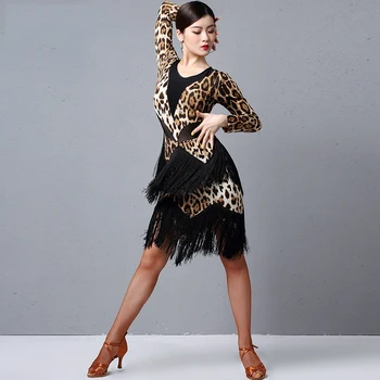 Naujas lotynų Šokių Praktikos Drabužių Moterų ilgomis Rankovėmis Leopard Kutas Suknelė Veiklos Dėvėti Sportinių Šokių Suknelės Moteris DL4400