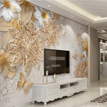 Wellyu Užsakymą didelė freska 3d prabanga aukso papuošalai, gėlės drugelis TV foną, aplinkos tapetai papel de parede