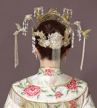 NiuShuya Retro Stiliaus Kinijos Senovės Vestuvių Aukso Šukuosena su Auskarai Moterims Princesė Vestuvių Papuošalai Etape Plaukų Aksesuarai