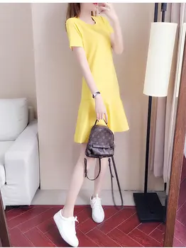 2019 naujus moteriškus korėjos versija atsitiktinis slim vasaros suknelė Miss Sesuo mozaikos susiėmę vientisos spalvos apvalios kaklo suknelė A162