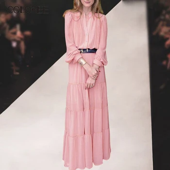 Pavasario Elegantiškas V-kaklo, ilgomis Rankovėmis Rožinė/Tamsiai Šifono Suknelė Moterų 2020 M. Aukštos Kokybės kilimo ir tūpimo Tako Dizaineris Suknelė