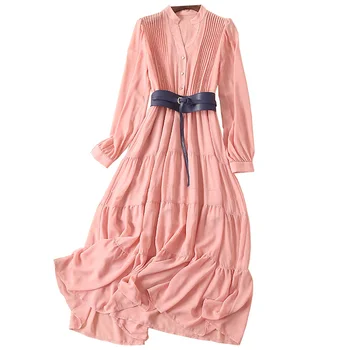 Pavasario Elegantiškas V-kaklo, ilgomis Rankovėmis Rožinė/Tamsiai Šifono Suknelė Moterų 2020 M. Aukštos Kokybės kilimo ir tūpimo Tako Dizaineris Suknelė