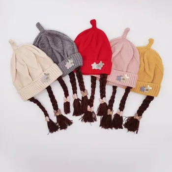 Žieminė Kepurė Medvilnė, Šiltas Bamblys Baby Girl Earflap Skrybėlę Vaikai Trikotažo Beanie Mielas Bowknot Projektavimo Kepurės Su Padirbtų Nerijos 1-3T
