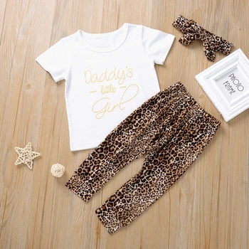 2020 m., 3 Vnt Kūdikių Vasaros Komplektus Bamblys Kūdikiams trumpomis Rankovėmis Apvalios Kaklo Raidė T-shirt Leopard Kelnės Lankas Lankelis Rudenį