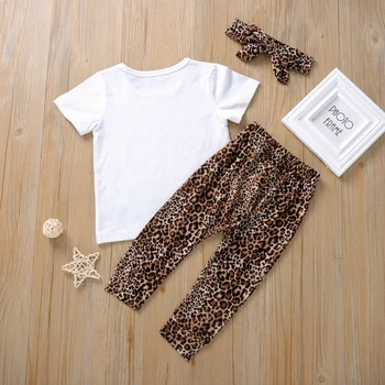 2020 m., 3 Vnt Kūdikių Vasaros Komplektus Bamblys Kūdikiams trumpomis Rankovėmis Apvalios Kaklo Raidė T-shirt Leopard Kelnės Lankas Lankelis Rudenį