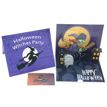 1Pc Happy Halloween Diena Kortelė Ragana Dvasios Moliūgų Voras 3D Pop-Up pjovimas Lazeriu Šalies Kvietimu Atvirukai Sveikinimo Dovanų Kortelės