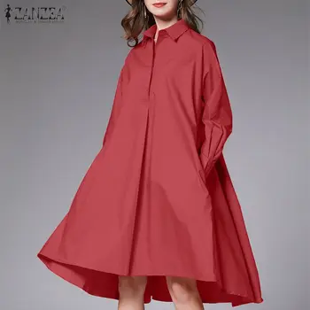 ZANZEA Moterų Ilgas Rankovėmis Marškinėliai Suknelė 2021 Mados Elegantiškas Atvartas Kaklo Sundress Kietųjų Mygtukų, Vestidos Skraiste Laisvi A-line Dresses