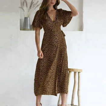 Moterų mados Vasaros Suknelės Moterims Vasarą Giliai V-kaklo, Leopardas Trumpas Rankovės Ilgos Maxi Šalies Paplūdimys Suknelė vestidos femininos