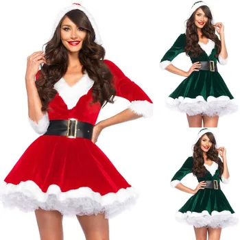 Moteriški Kalėdų Vakarėlį Fancy Dress Žaliojo Apsiaustu Ir Gobtuvu, Raudona Cosplay Kostiumai, Apranga Hat + Dress + Diržas