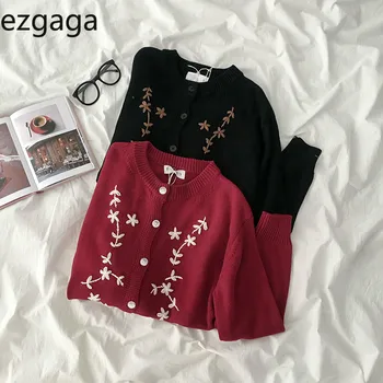 Ezgaga Vintage Megztinis Moterims Rudenį, O-Kaklo, Ilgomis Rankovėmis Megzti Megztinis Palaidų Gėlių Siuvinėjimas Raudona Viršūnes Moterų Elegantiškas Atsitiktinis