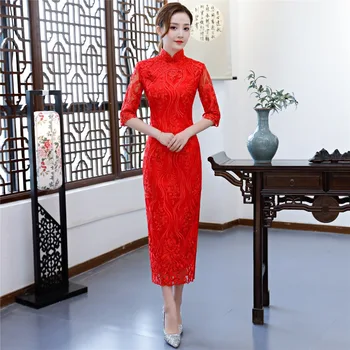 Šanchajaus Istorija pusė Rankovės Gėlių Siuvinėjimas Cheongsam Suknelės, Ilgi Raudoni Nėriniai Qipao Moterų Tradicinės Kinų Vestuvių Suknelė
