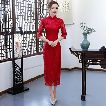 Šanchajaus Istorija pusė Rankovės Gėlių Siuvinėjimas Cheongsam Suknelės, Ilgi Raudoni Nėriniai Qipao Moterų Tradicinės Kinų Vestuvių Suknelė