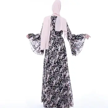 Abaja Musulmonų Gėlių Spausdinti Moterų Šifono Ilgas, Maxi Suknelė Kaftan Vintage Drabužius Suknelė Arabų Swing Suknelė Blyksnius Rankovės Prarasti Islamo Naujas