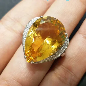FLZB,Gražus elegantiškas žavinga vandens lašas dizaino žiedas 21ct natūralus akmuo citrinas rašė iš 925 sterlingas sidabro su aukso žiedas moterims