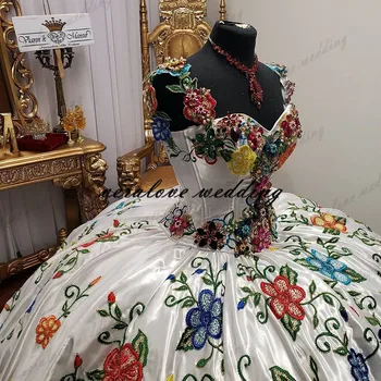Meksikos Stiliaus Princesė Quinceanera Suknelės Siuvinėjimo Nėrinių Reljefiniai Sijonas vestido de 15 anos Saldus 16 Suknelės, Šaliai