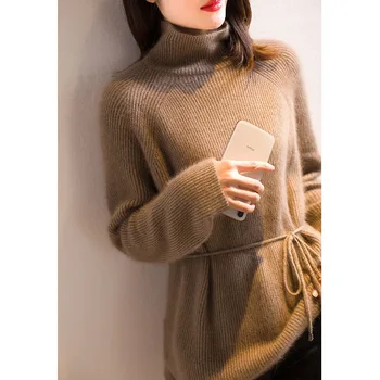 Aukso šilko džemperis moterims aukštos kaklu ir ilgomis rankovėmis rudenį, žiemą 2020 naujas prarasti tingus nereguliarus nėrinių vidutinio ilgio moterų megztinis