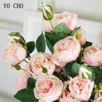 YO CHO Rudenį, 3 Galvutės, 2 Mažos Rožės Pumpuras Filialas Dirbtinių Gėlių Šilko Rožės 