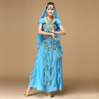 6 spalvų availablIndian kostiumas Moterims Dancewear Sari Pilvo Šokio Kostiumų Rinkinys 8 vnt Bolivudas, Indijos Šokių Kostiumai Sijonas Komplektai