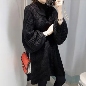 Moterų Korėja Stiliaus Megztinis 2021 Naujas Prarasti Atsitiktinis Megztinis Mados Vidutinio ilgio Megztinis ilgomis rankovėmis Suknelė Rudens Žiemos Drabužių