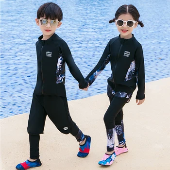 Vaikai Rashguard maudymosi kostiumėlį, Mergaitė, Berniukas 3 Gabalas ilgomis Rankovėmis Hidrokostiumą, priekinis Užtrauktukas Pants Šortai Banglenčių black print Maudymosi sportinis Kostiumas