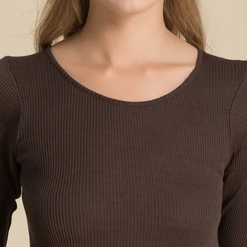 Rudenį moterų šilko šonkaulio mezgimo dugno marškinėliai šilko apvalios kaklo long sleeve T-shirt moterų top 1141