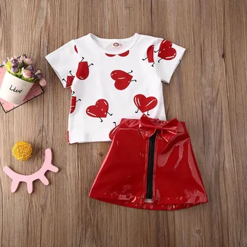 2020 NAUJAS Vasaros Vaikai Baby Girl Drabužių Rinkiniai Širdies Modelis Berankoviai marškinėliai Topai Polka Dot Sijonas Clothes02