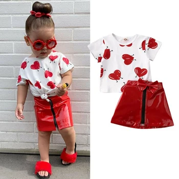 2020 NAUJAS Vasaros Vaikai Baby Girl Drabužių Rinkiniai Širdies Modelis Berankoviai marškinėliai Topai Polka Dot Sijonas Clothes02