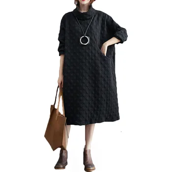 2021 Nauja Rudens Žiemos Dress Plius Dydis Moterų Aukšto kaklo Literatūros ilgomis rankovėmis Megztiniai Suknelė Negabaritinių 80b