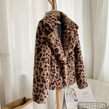 Dirbtiniais Kailiais Turn-žemyn Apykaklės Leopardų Kailio Moterų Vilnos Trumpas Paltas Merginos Streewear Outwear Rudens Žiemos Cardigan