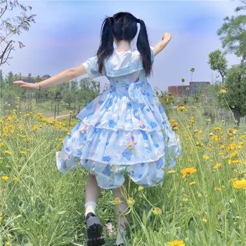 Japonijos Vasaros Kawaii Minkštas Mergaitės Sailor Apykaklės Lankas Animacinių Filmų Mažai Lokys Tutu Sukneles Saldus Susiėmę Lolita Cupcake Suknelė