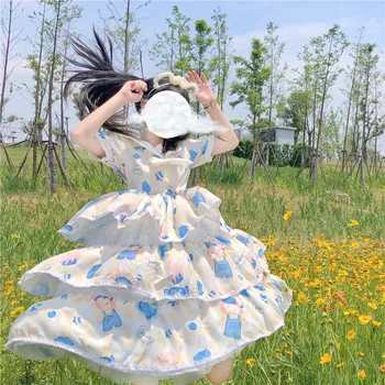 Japonijos Vasaros Kawaii Minkštas Mergaitės Sailor Apykaklės Lankas Animacinių Filmų Mažai Lokys Tutu Sukneles Saldus Susiėmę Lolita Cupcake Suknelė