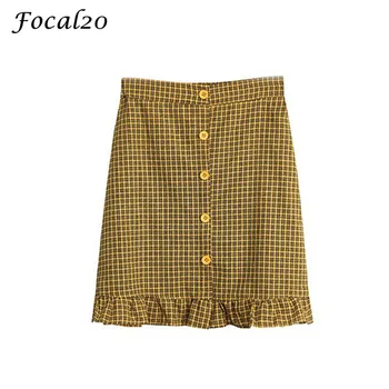 Focal20 Streetwear Moterų Raukiniai Pledas Sijonas Saldus Vasaros Aukšto Juosmens Mygtukai-line Mini Sijonas Moteris