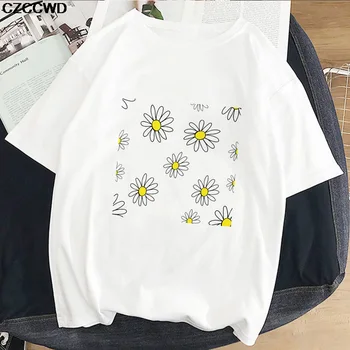 Vasaros korėjos Gatvės Asmenybės Harajuku Mados Chrizantemų Spausdinti marškinėliai Atsitiktinis Palaidų Moterų Marškiniai Didelio Dydžio marškinėlius