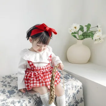 Pavasario korėjos Versija Ins Baby Girl Romper Dirželis Suspender Princess Rožinis Sijonas Chaki Pledas Gėlių Trikampis Marškiniai 0-2M Drabužiai