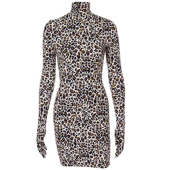 Leopardas spausdinti pirštinės susiuvimo suknelė moterų Europos ir Amerikos seksualus laukinių ilgomis rankovėmis stora mados šalis maišelį klubo sijonas