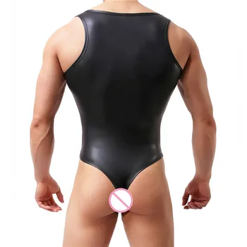 Seksualus Vyrų apatinis trikotažas Bodysuits PU Odos Jumpsuit Vyrų Undershirts Atskleisti Krūtinės Imtynių Singlet Leotard Etape Clubwear Trumpikės