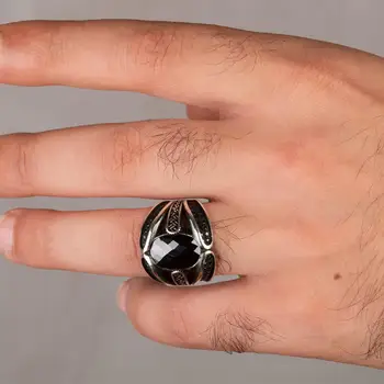 Sterling Silver Mens Žiedas su Ovalo formos Juodasis Akmuo Cirkonis Mados turkijos, aukščiausios Kokybės, Rankų darbo Jawelery