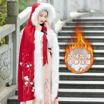 Nemokamas pristatymas Kiniška žiemos Žaliojo nacionalinės stiliaus moterų siuvinėtos aksomo sutirštės šiltas apsiaustas su gobtuvu Hanfu moteris
