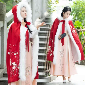Nemokamas pristatymas Kiniška žiemos Žaliojo nacionalinės stiliaus moterų siuvinėtos aksomo sutirštės šiltas apsiaustas su gobtuvu Hanfu moteris