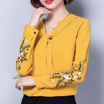 2019 moterų mados šifono ilgomis rankovėmis palaidinės, marškinėliai gėlių priežastinis ponios drabužiai OLIS V-kaklo palaidinė A001