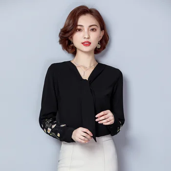 2019 moterų mados šifono ilgomis rankovėmis palaidinės, marškinėliai gėlių priežastinis ponios drabužiai OLIS V-kaklo palaidinė A001