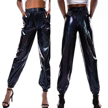 Aukštos Juosmens Metallic Blizga Jogger Atsitiktinis Holografinis Spalva Streetwear Kelnės Moterims Mados Smoothy Atspindintis Kelnės