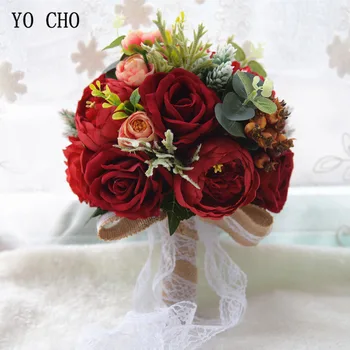 YO CHO Šilko Rožės, Bijūnai Vestuvių Nuotakos Puokštė Dirbtinių Gėlių Vestuvių Puokštė už Pamergės Vertus Flore Santuokos Priedai