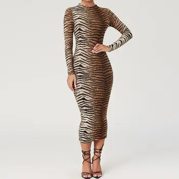 2020 m. Pavasarį Midi Leopard Suknelė Moterims ilgomis Rankovėmis Stora Suknelė Ponios Šalies Slim Spausdinti Suknelės Bodycon Naktinio klubo Moterų Suknelė
