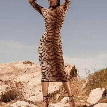 2020 m. Pavasarį Midi Leopard Suknelė Moterims ilgomis Rankovėmis Stora Suknelė Ponios Šalies Slim Spausdinti Suknelės Bodycon Naktinio klubo Moterų Suknelė