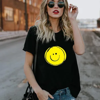Geltona Šypsena Veide Spausdinti Marškinėliai Moterims Trumpomis Rankovėmis O Kaklo Laisvus Marškinėlius 2020 M. Vasarą Moterys Priežastinis Marškinėliai, Topai Mujer